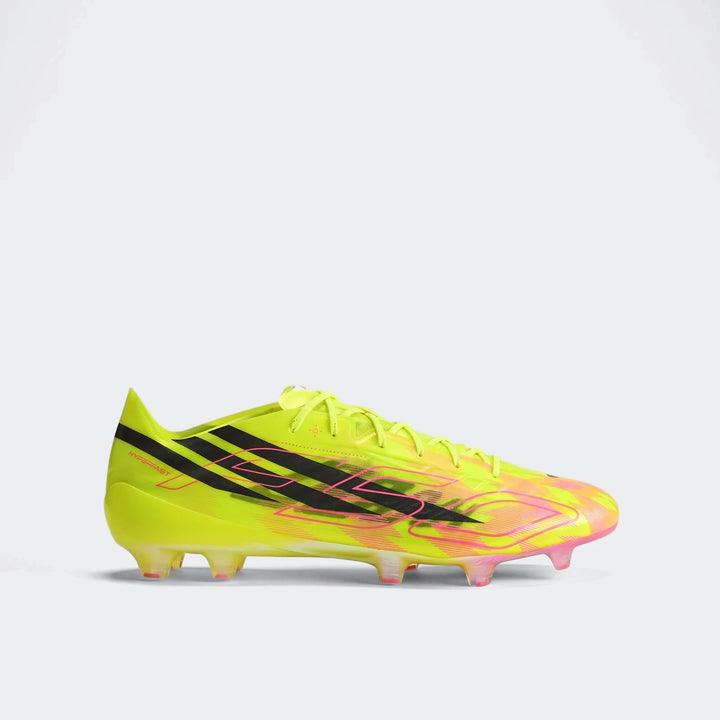 F50 Hyperfast Evo Firm Ground Football Boots in neon yellow and pink with black stripes, side view.