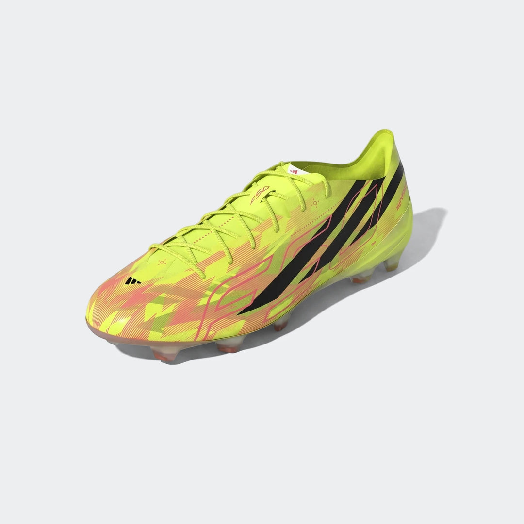 F50 Hyperfast Evo Firm Ground Football Boots in neon yellow with black stripes and pink graphic details, angled view.