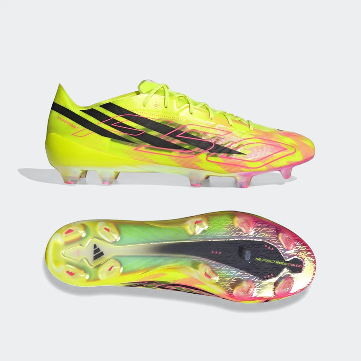 F50 Hyperfast Evo Firm Ground Football Boots in neon yellow-green with black stripes and pink accents, showing side and sole