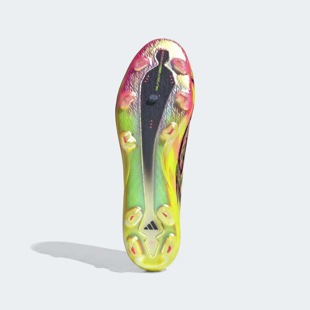 F50 Hyperfast Evo Firm Ground Football Boots sole, featuring a vibrant iridescent multi-color design from below.
