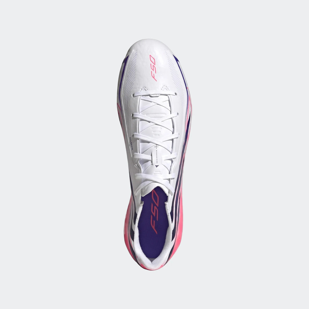 White, pink, and purple adidas F50 Hyperfast League Firm Ground Football Boots, shown from an overhead perspective.