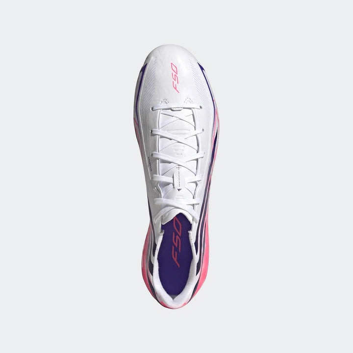White, pink, and purple adidas F50 Hyperfast League Firm Ground Football Boots, shown from an overhead perspective.