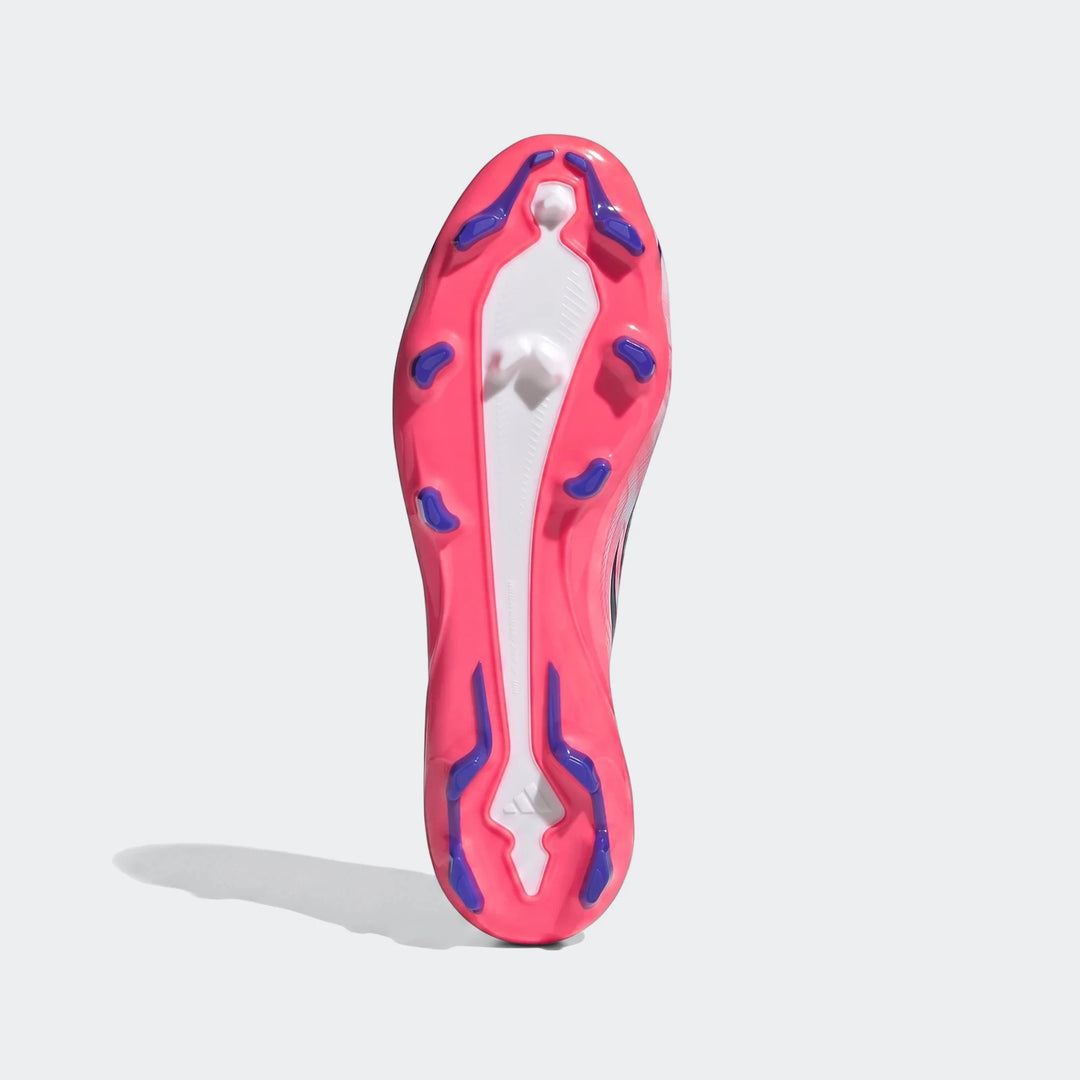 F50 Hyperfast League Firm Ground Football Boots sole view, featuring a vibrant pink and white design with blue cleats.