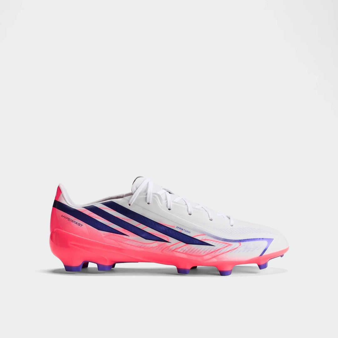 F50 Hyperfast League Firm Ground Football Boots in white, pink, and blue, with purple studs, shown in a side view.