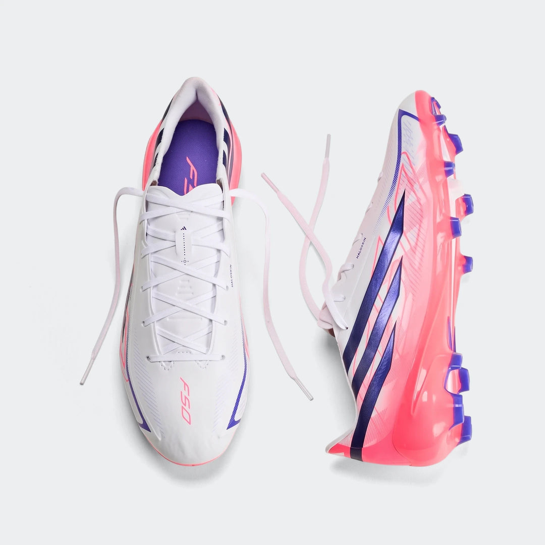 Pair of white, pink, purple, and blue F50 Hyperfast League Firm Ground Football Boots, top-down view.