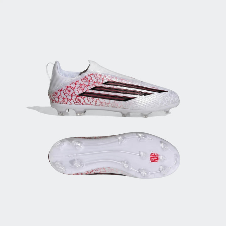 F50 League Lamine Yamal kids football boots in white with red rose graphics and black Adidas stripes, shown from top and