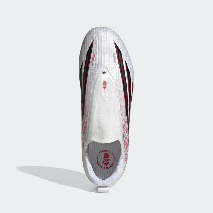 White F50 League Lamine Yamal kids football boots with red accents, featuring a rose pattern and 'Football's Heartbreaker'