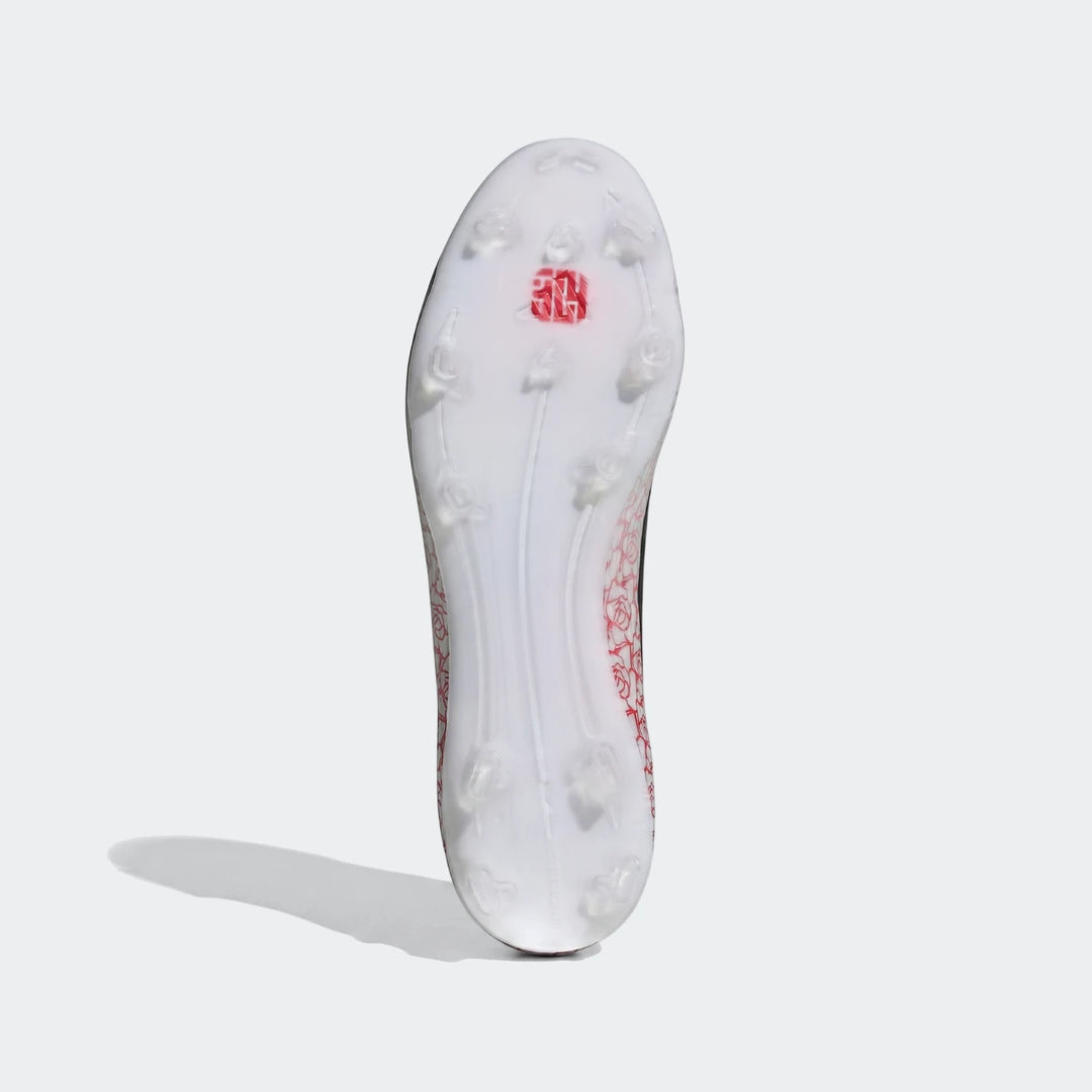 F50 League Ll Fg / Mg Lamine Yamal football boots with white sole, translucent studs, and red graphic pattern, shown from