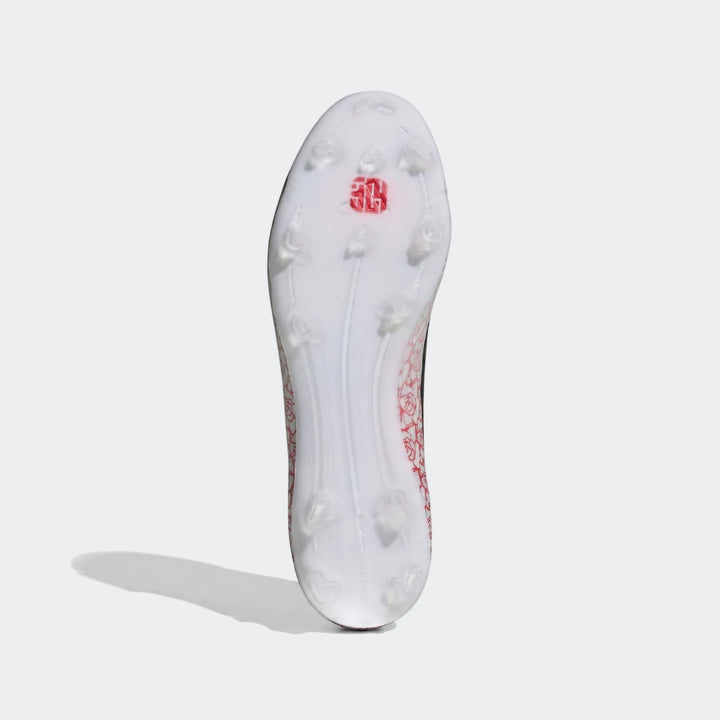 F50 League Ll Fg / Mg Lamine Yamal football boots with white sole, translucent studs, and red graphic pattern, shown from