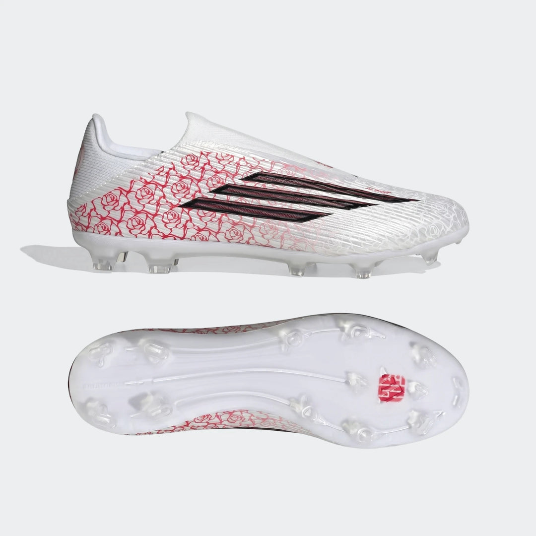 White Adidas F50 League Lamine Yamal football boots with red rose pattern, shown from side and bottom view with studded
