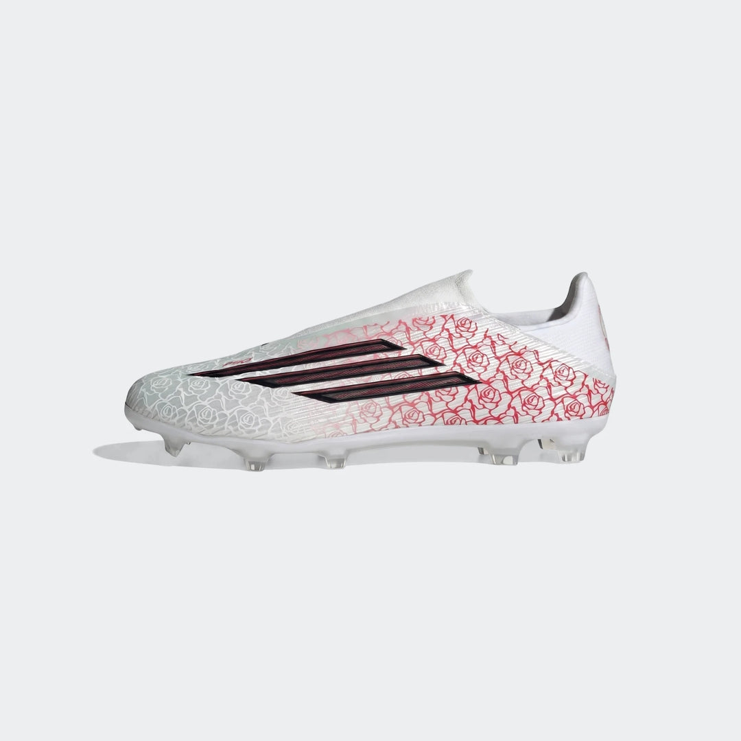 White F50 League Ll Fg / Mg Lamine Yamal football boots with a striking red rose pattern and black stripes, viewed from the