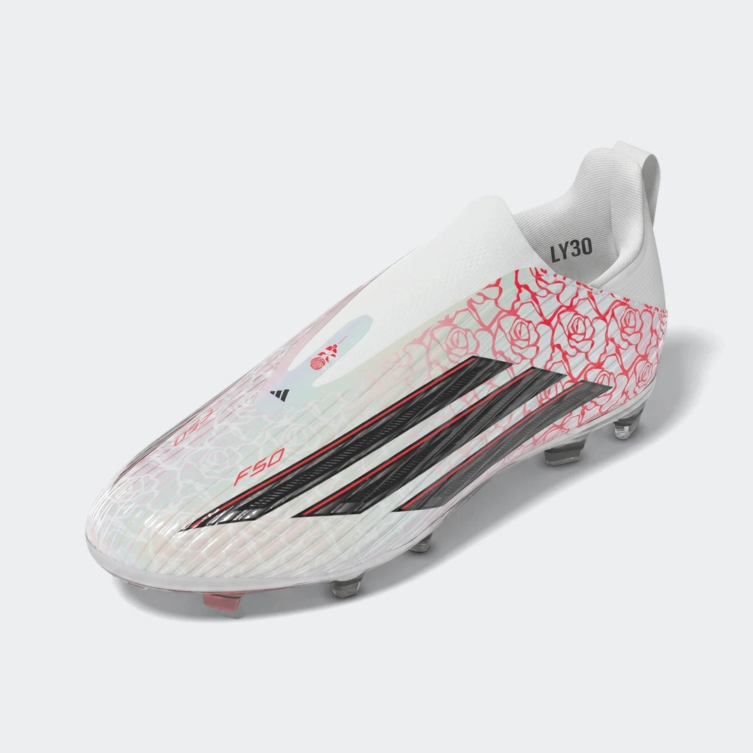 White Adidas F50 League Ll Fg / Mg Lamine Yamal kids football boots with red rose pattern and black stripes, displayed from