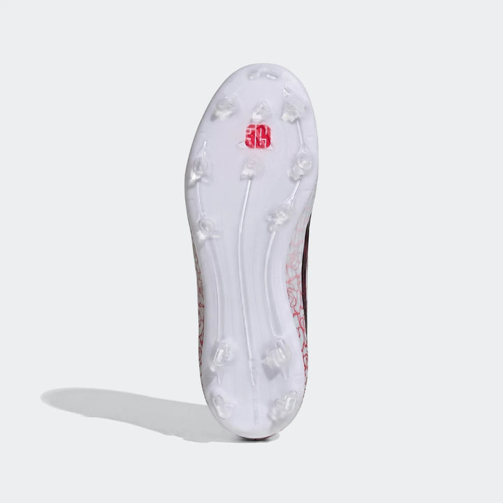 F50 League Ll Fg / Mg Lamine Yamal Kids Football Boots, showing the white sole with transparent studs and red logo from a