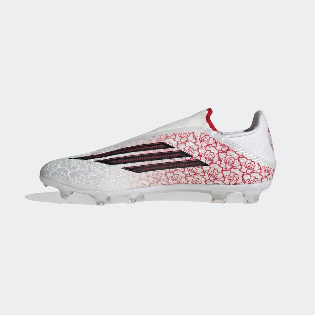 White and red rose pattern Adidas F50 League Ll Fg / Mg Lamine Yamal football boots with black stripes, shown from a side