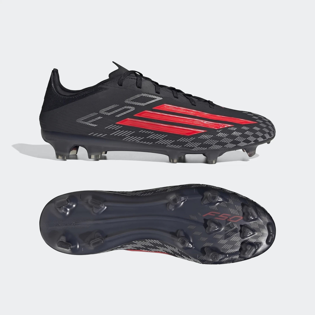 F50 Pro Firm Ground Football Boots in black with red stripes and white patterns, shown in a side profile and a view of the