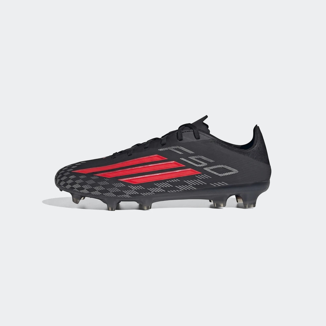 Black and red Adidas F50 Pro Firm Ground Football Boots, shown in a detailed side profile view, ideal for optimal grip on