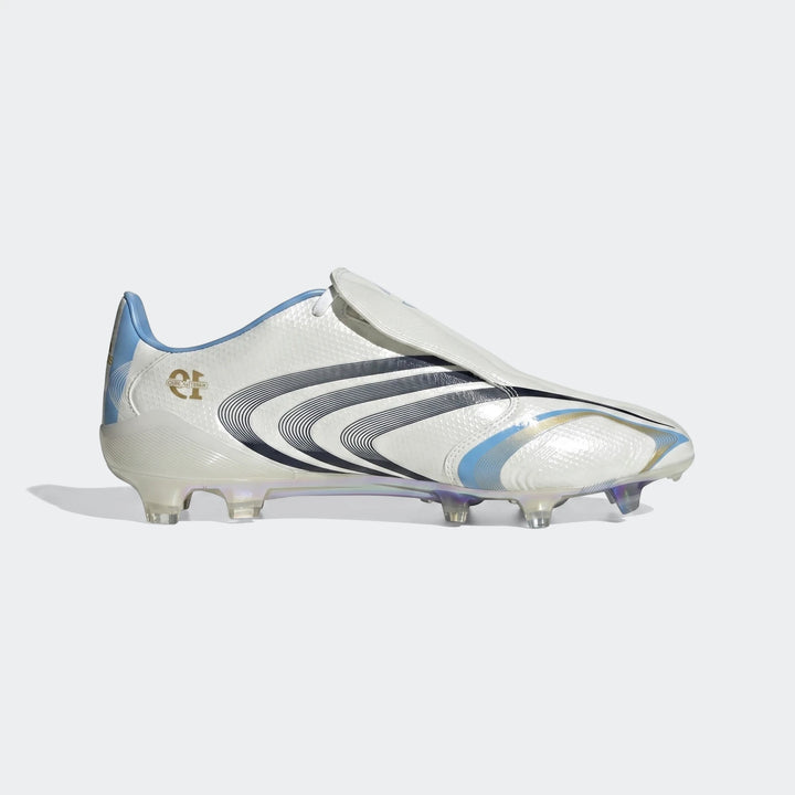 White, light blue, and black F50 Tunit firm ground football boot, shown from the side with translucent studs.