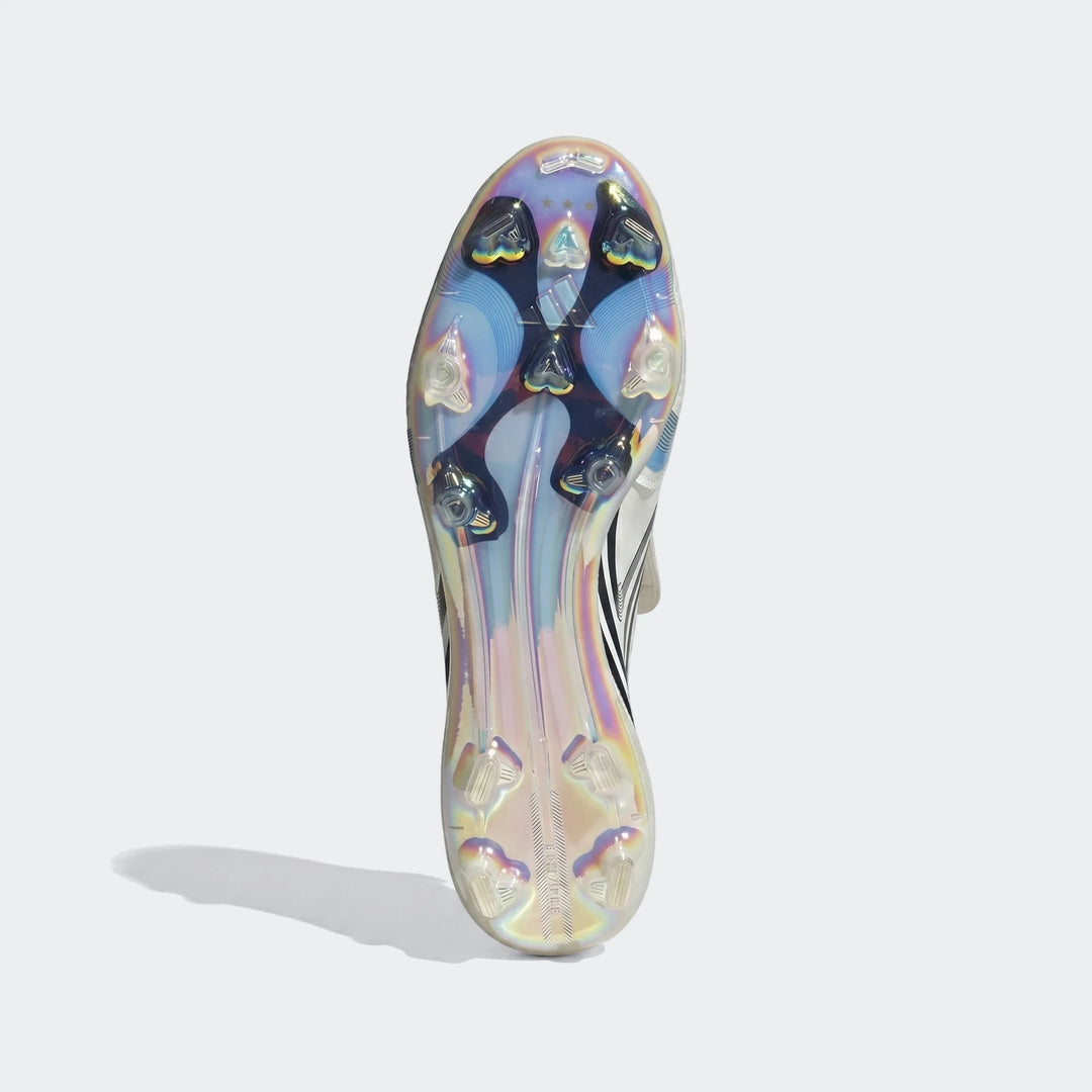 F50 Tunit Firm Ground Football Boots with iridescent sole and multi-colored studs, bottom view against a grey background.