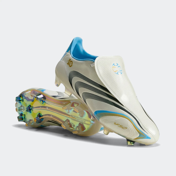 Off-white F50 Tunit Firm Ground Football Boots with blue and gold accents, featuring iridescent soles, arranged diagonally