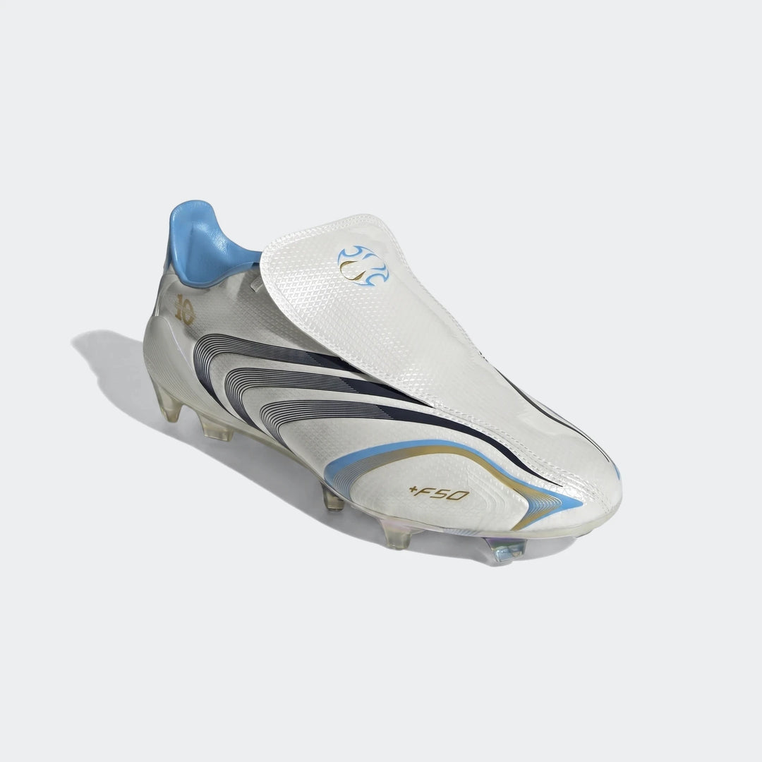 White, blue, and gold Adidas F50 Tunit Firm Ground Football Boot, shown from a slightly elevated side view.