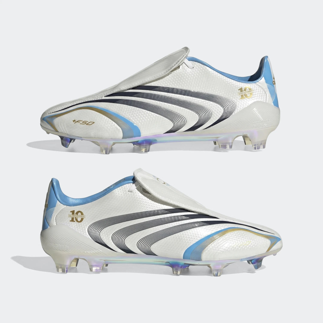 White, black, and blue F50 Tunit Firm Ground Football Boots, side view, with iridescent sole and iconic branding.