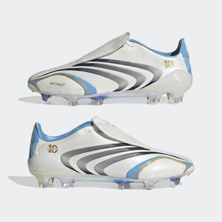 White, black, and blue F50 Tunit Firm Ground Football Boots, side view, with iridescent sole and iconic branding.