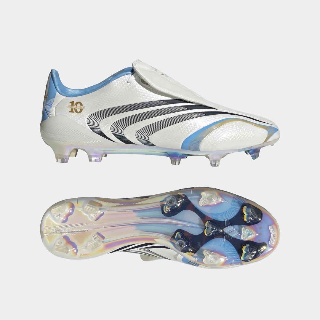 F50 Tunit Firm Ground Football Boots, white with light blue and gold accents, featuring an iridescent sole.