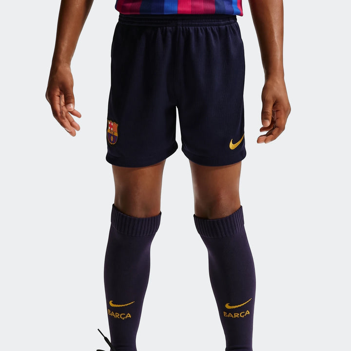 Little kids' dark blue Nike FC Barcelona 2026 Stadium Home replica soccer shorts and matching socks with club crest and gold
