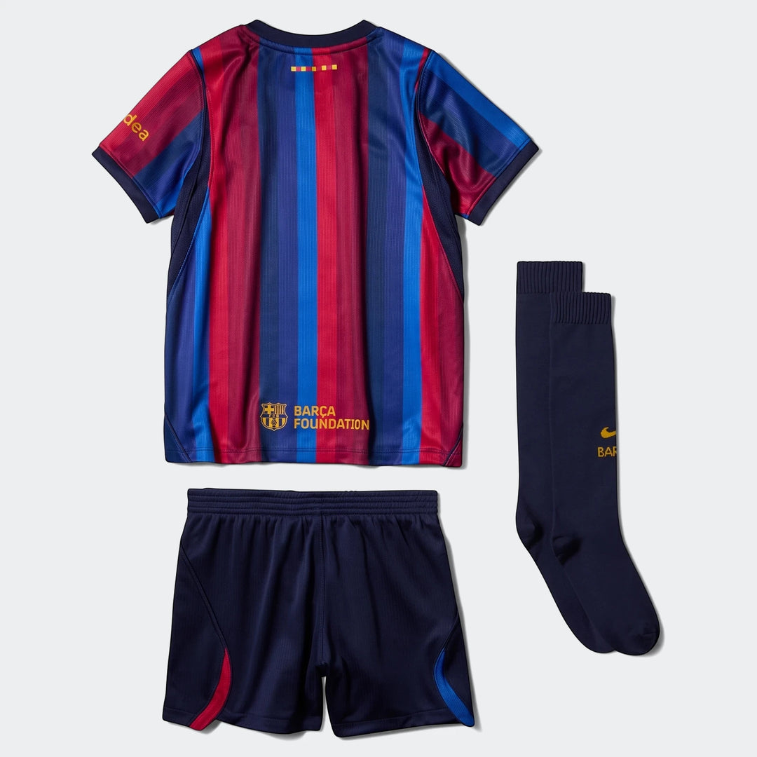 Fc Barcelona 2026 Stadium Home Little Kids' Nike Soccer Replica 3-Piece Kit featuring red and blue striped jersey, navy