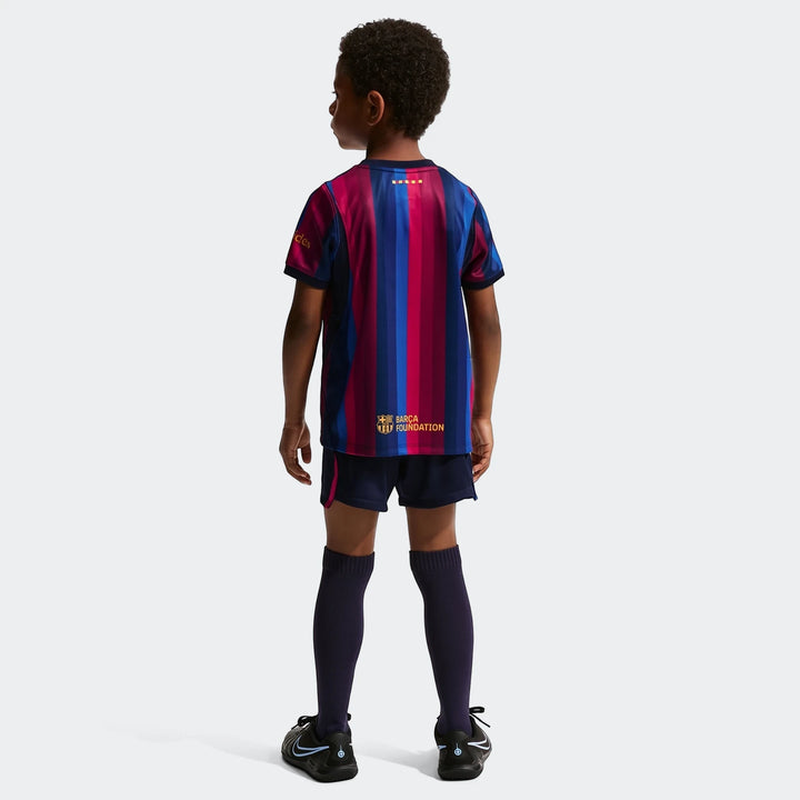 Fc Barcelona 2026 Stadium Home Little Kids' Nike Soccer Replica 3-Piece Kit, featuring a blue and red striped jersey, navy