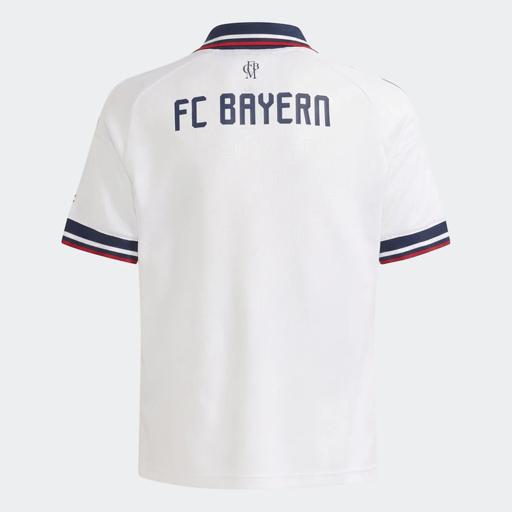 White FC Bayern 26/27 Away Jersey for kids, showing the back with the team name and striped collar and cuffs.