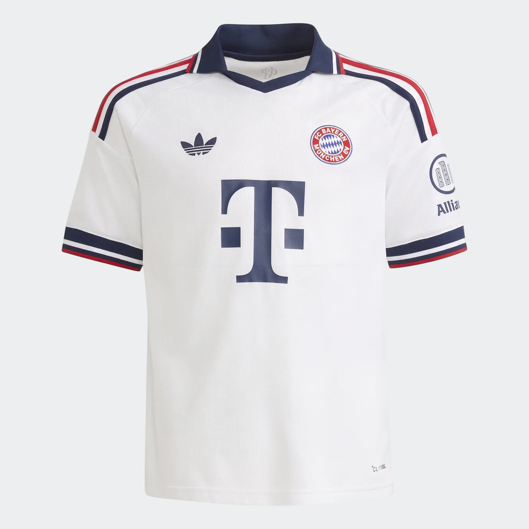 Kids white Adidas Fc Bayern 26/27 away football jersey with blue collar, red and blue stripes, shown from the front.