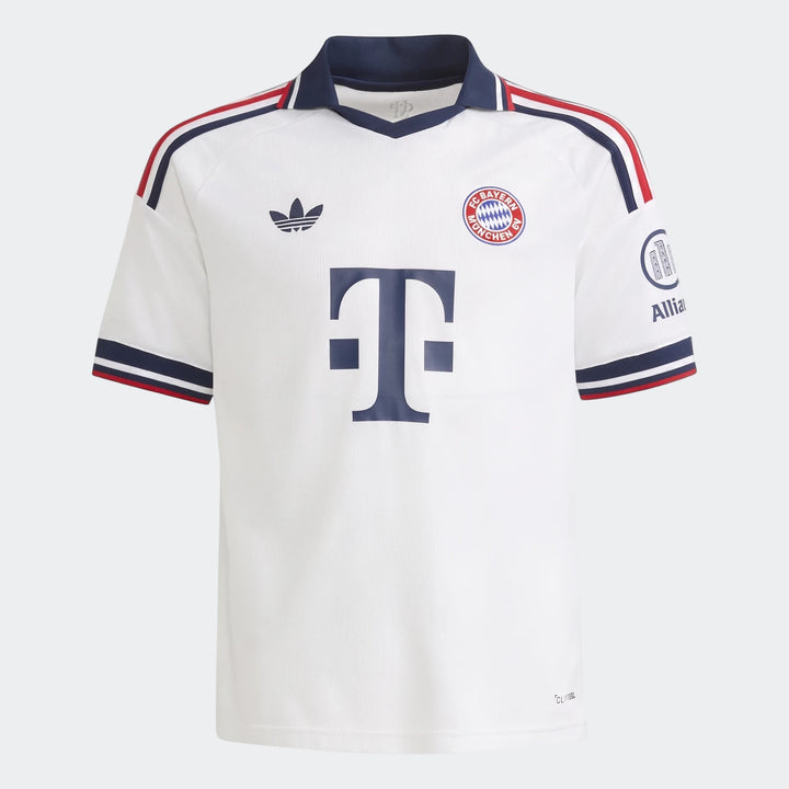 Kids white Adidas Fc Bayern 26/27 away football jersey with blue collar, red and blue stripes, shown from the front.