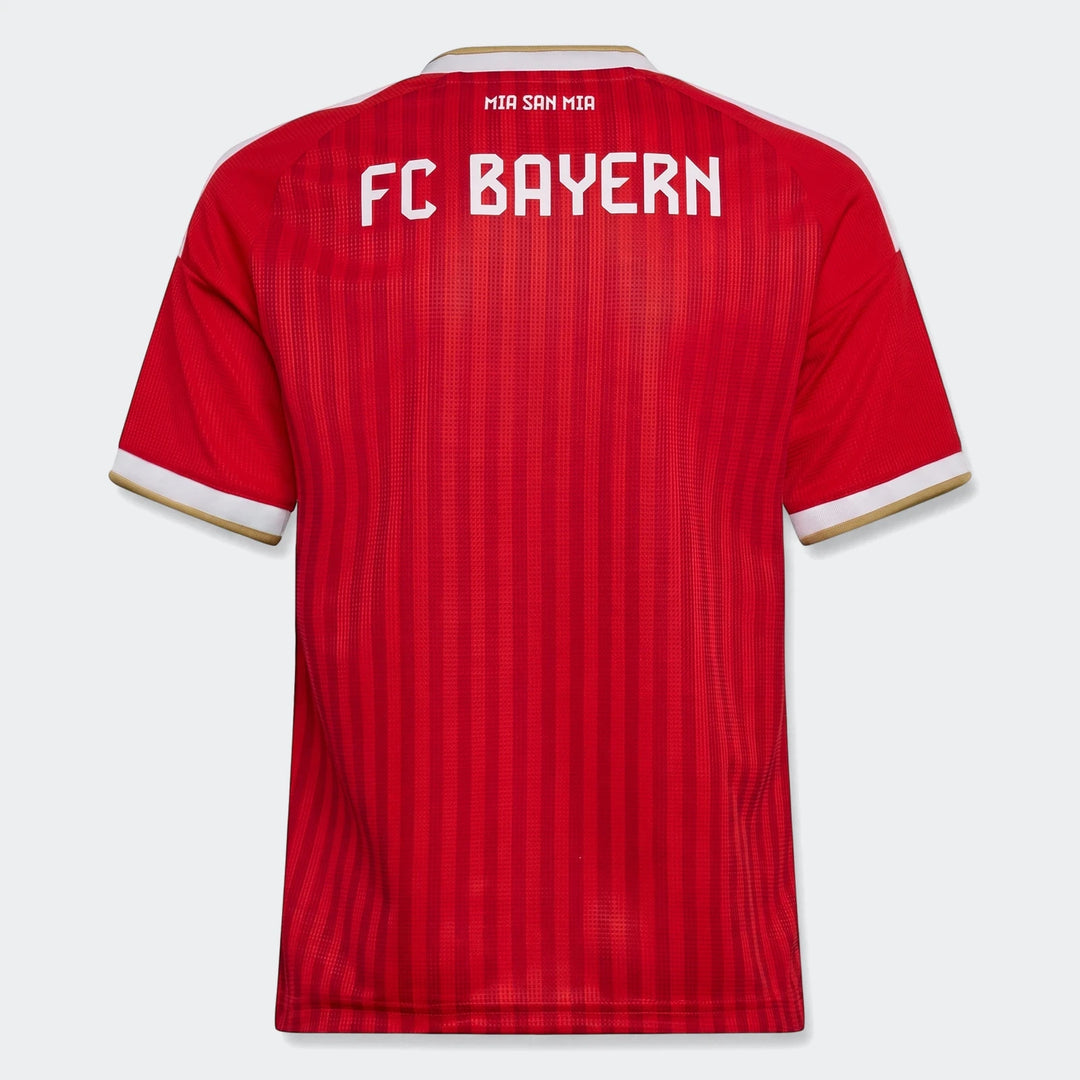 Red Fc Bayern 26/27 Home Jersey for kids, showcasing the back view with 'FC BAYERN' and 'MIA SAN MIA' text, and a distinct