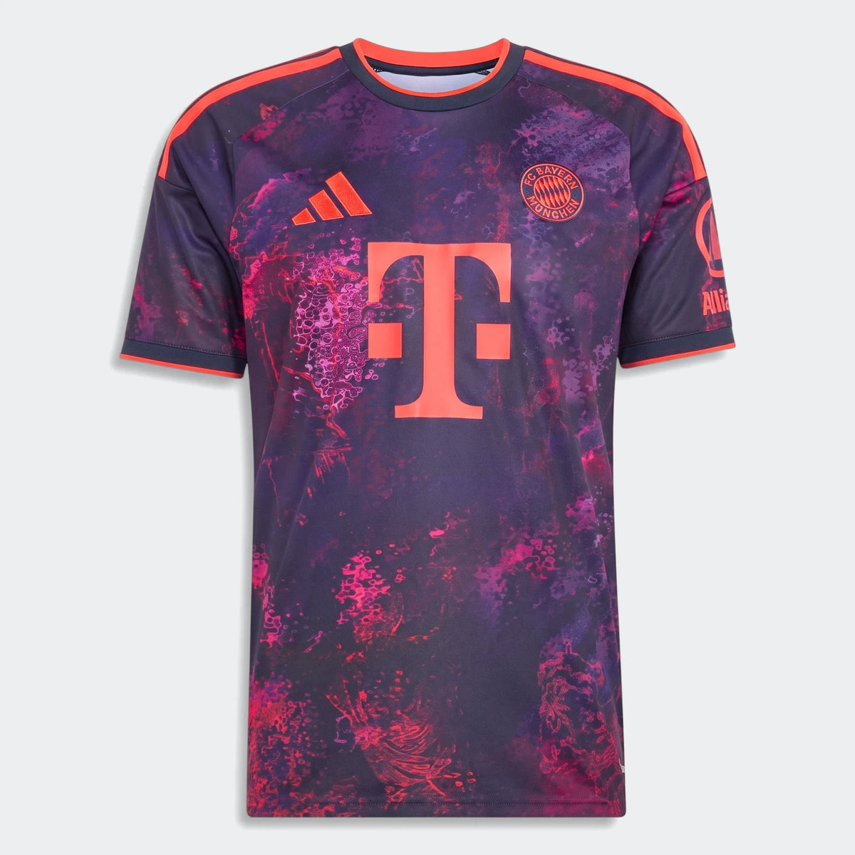 Fc Bayern 26/27 Third Jersey in a distinctive dark blue and purple pattern with orange accents and club logos, front view.