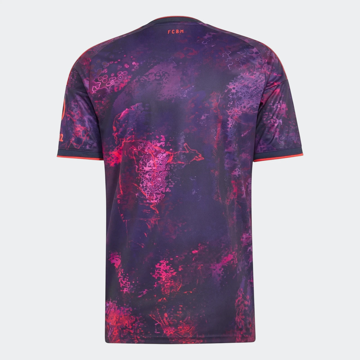 Back view of the Fc Bayern 26/27 Third Jersey, featuring an abstract purple and pink pattern with orange trim.