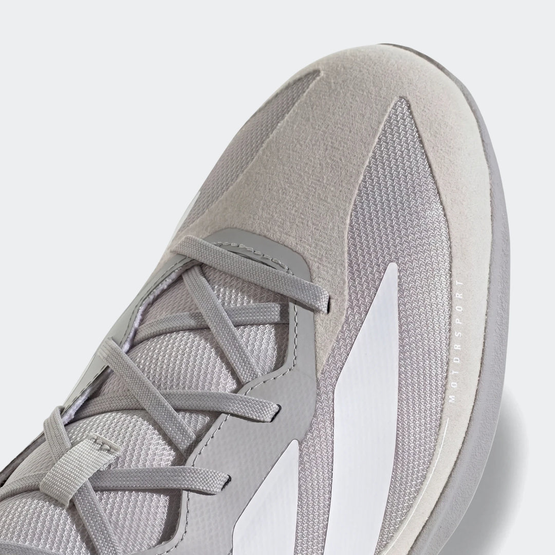 Close-up front view of light gray Feroza Base Shoes, showcasing the mesh and suede panels, gray laces, and side branding.