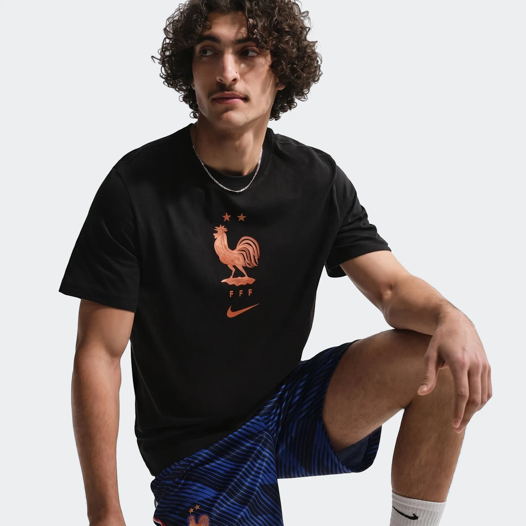 FFF black men's Nike soccer T-shirt with copper rooster crest and swoosh logo, short-sleeve front view.