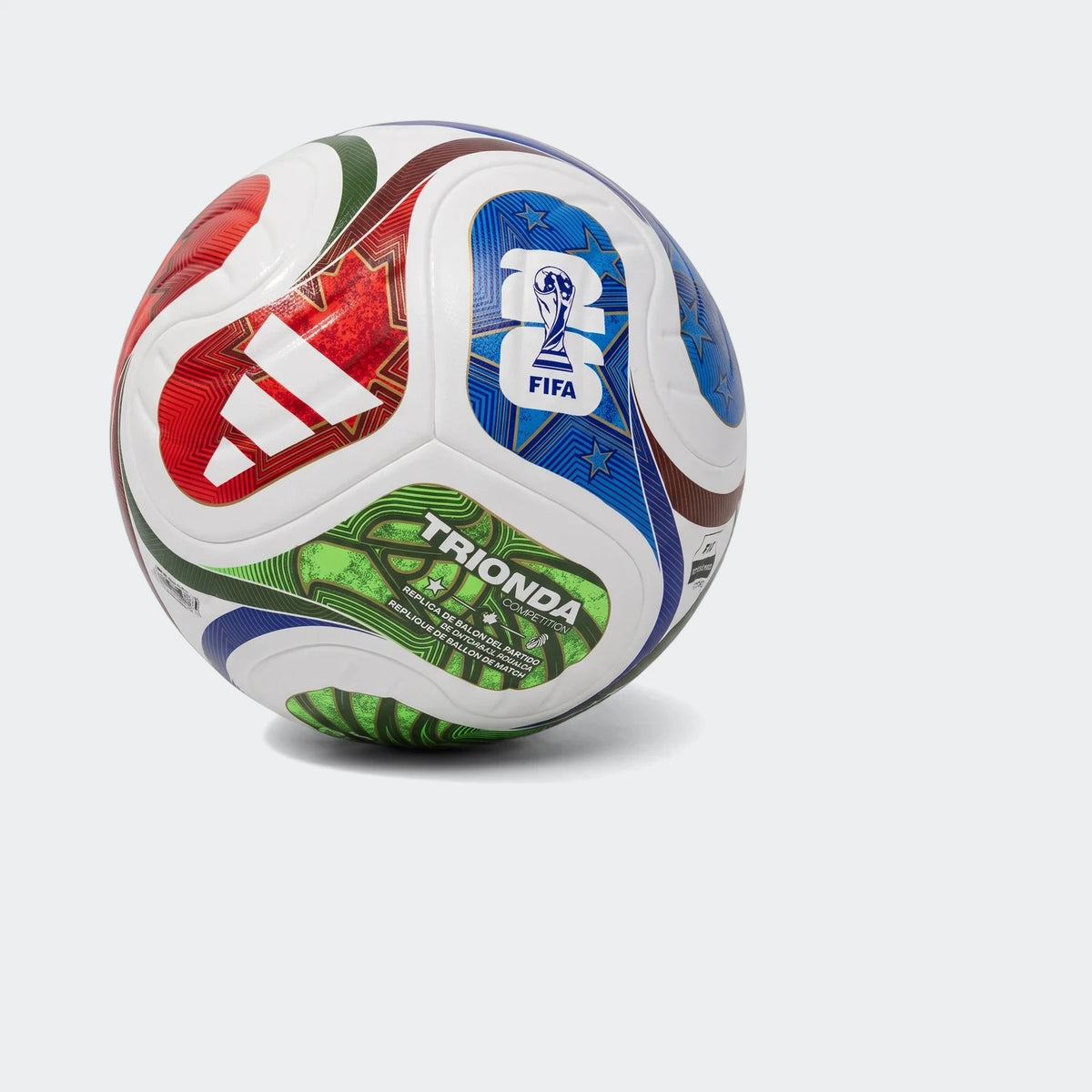 Fifa World Cup 26 Trionda Competition soccer ball, multi-colored with official logos, captured in a dynamic studio shot.