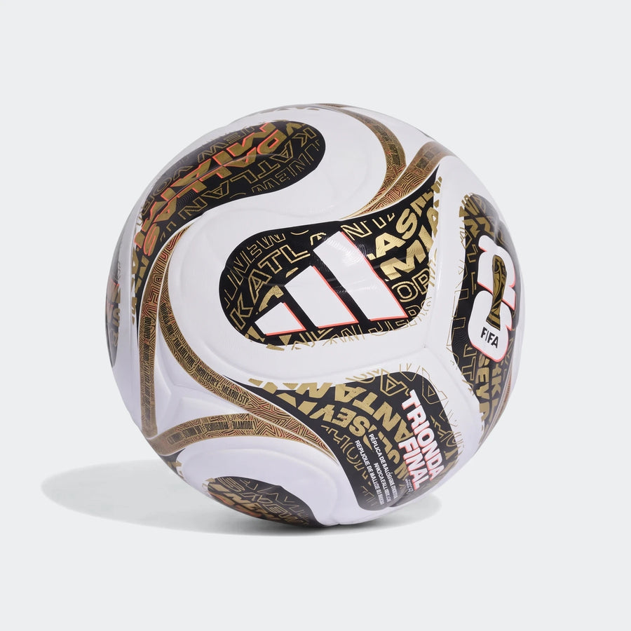 Fifa World Cup 26 Trionda Finals League soccer ball in white, black, and gold, showcasing its unique pattern from a side