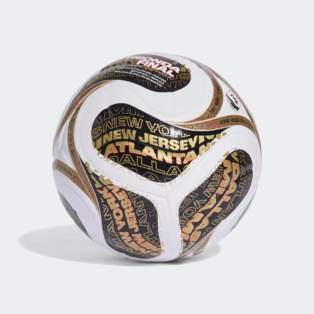 Fifa World Cup 26 Trionda Finals League soccer ball in white, gold, and black, featuring official branding and city names.