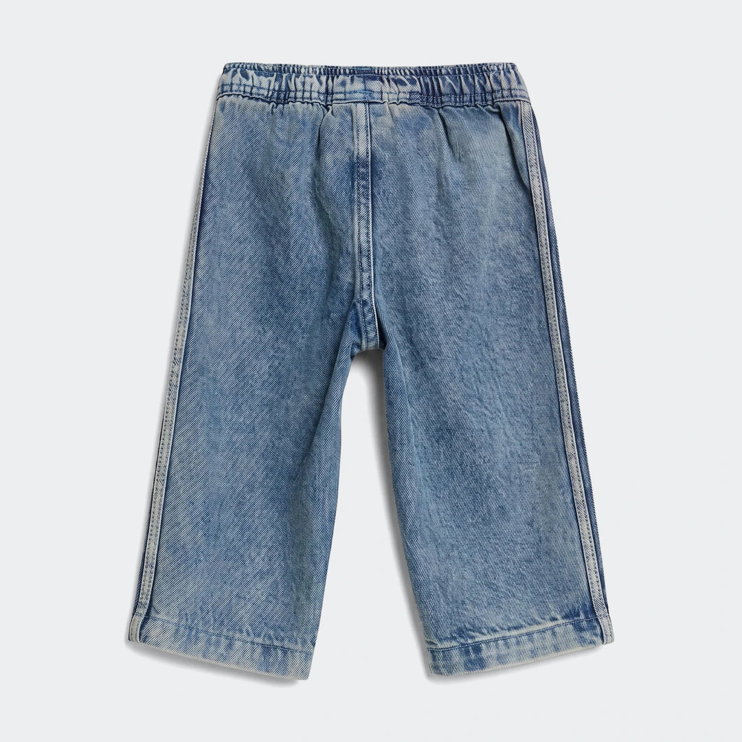 Light blue denim Firebird Track Pants, seen from the rear with an elasticated waistband and white side stripes.