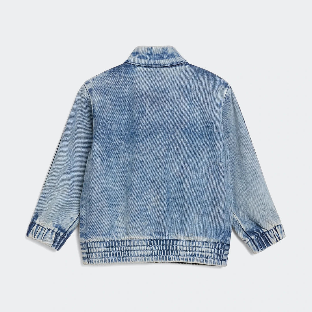 Blue acid wash Firebird Denim Track Top, back view, featuring ribbed cuffs, collar, and hem.