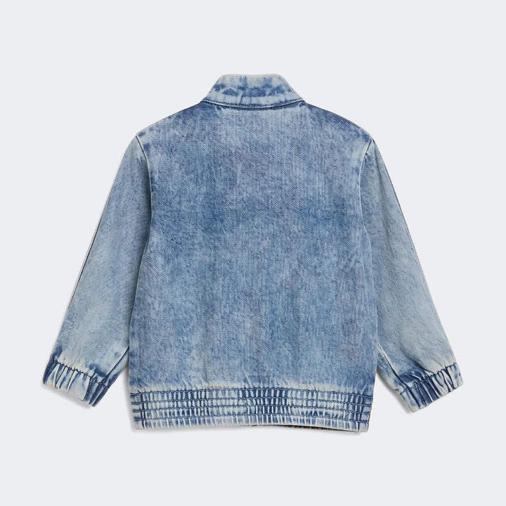 Blue acid wash Firebird Denim Track Top, back view, featuring ribbed cuffs, collar, and hem.