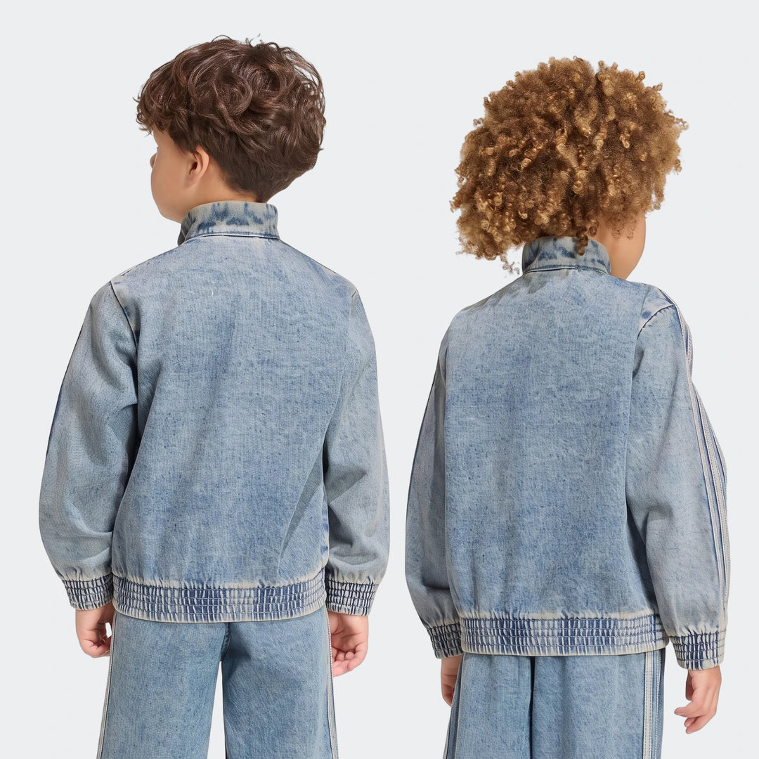 Two children from the back wearing light wash Firebird Loose Denim Track Tops with matching denim pants, highlighting the