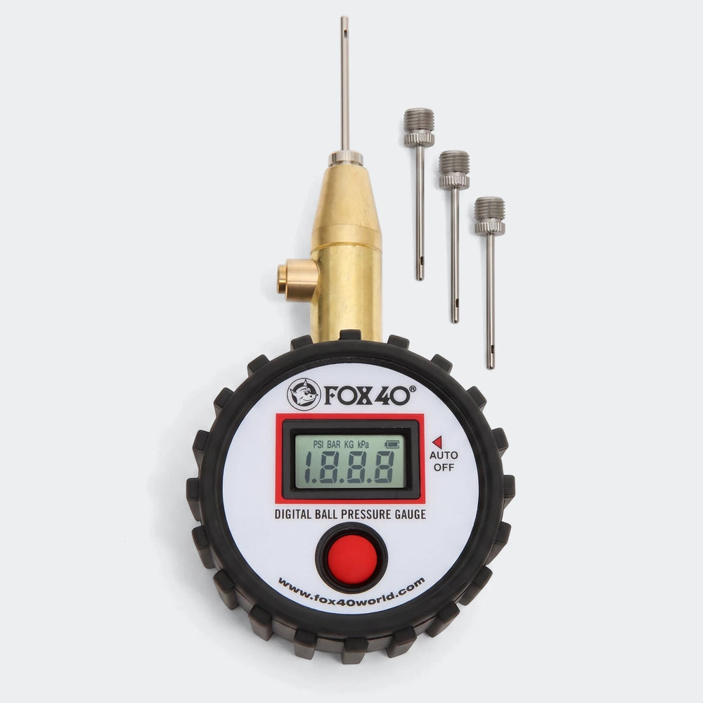 Fox40 Digital Ball Pressure Gauge in black with a white face, displaying numerical readings and including multiple silver