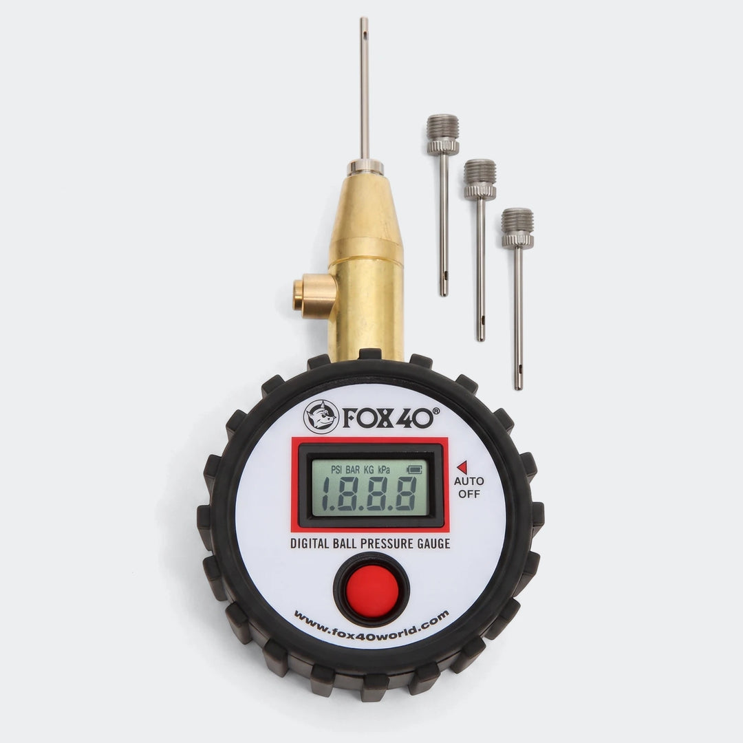 Fox40 Digital Ball Pressure Gauge in black with a white face, displaying numerical readings and including multiple silver