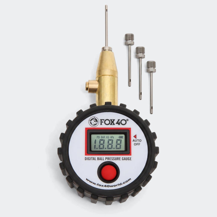 Fox40 Digital Ball Pressure Gauge in black with a white face, displaying numerical readings and including multiple silver
