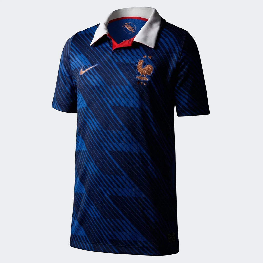 France National Team 2026 Stadium Home Blue Big Kids' Nike Dri-Fit Soccer Jersey, front view.