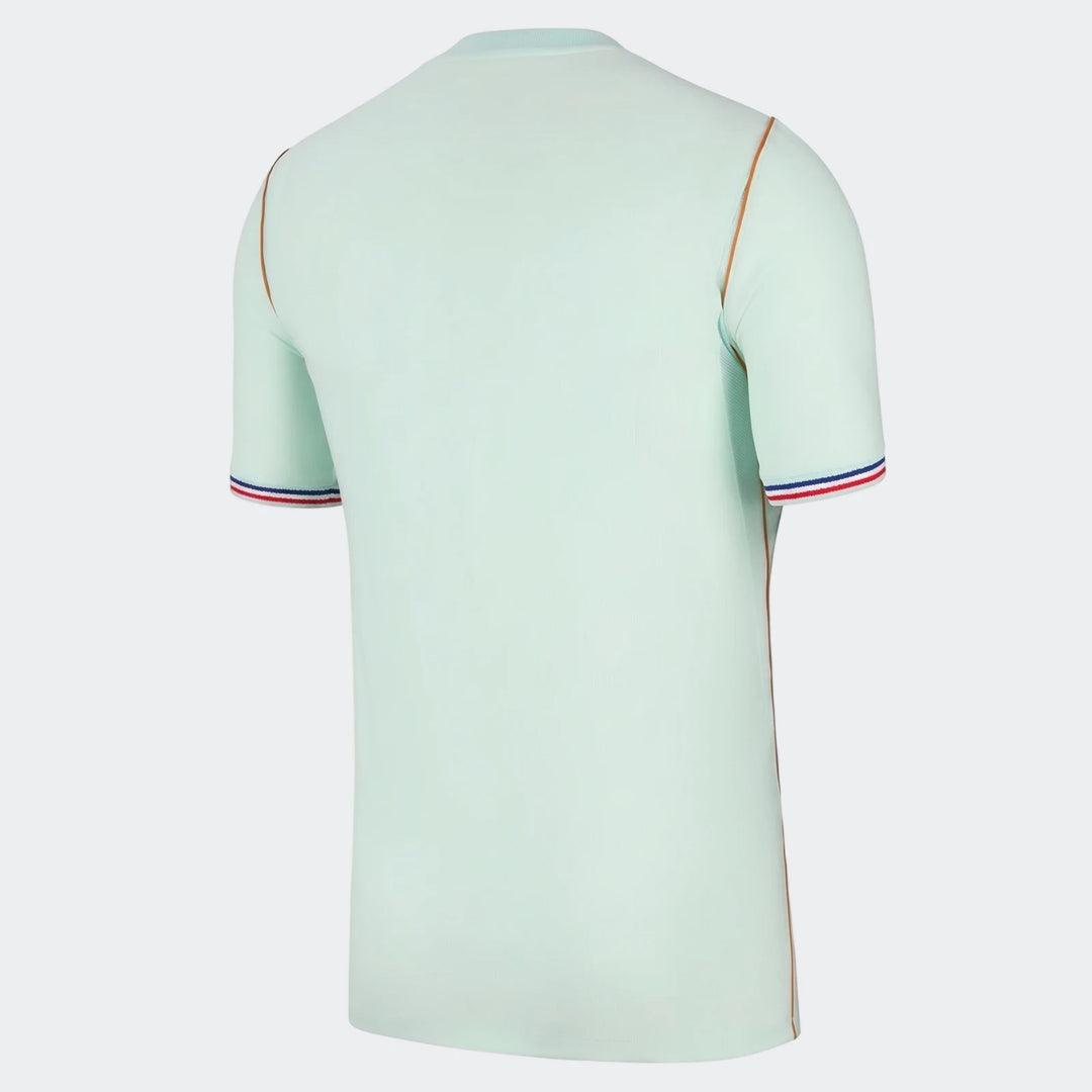 France National Team 2026 Stadium Away Men's Nike Dri-Fit soccer jersey in light green, shown from the back with striped